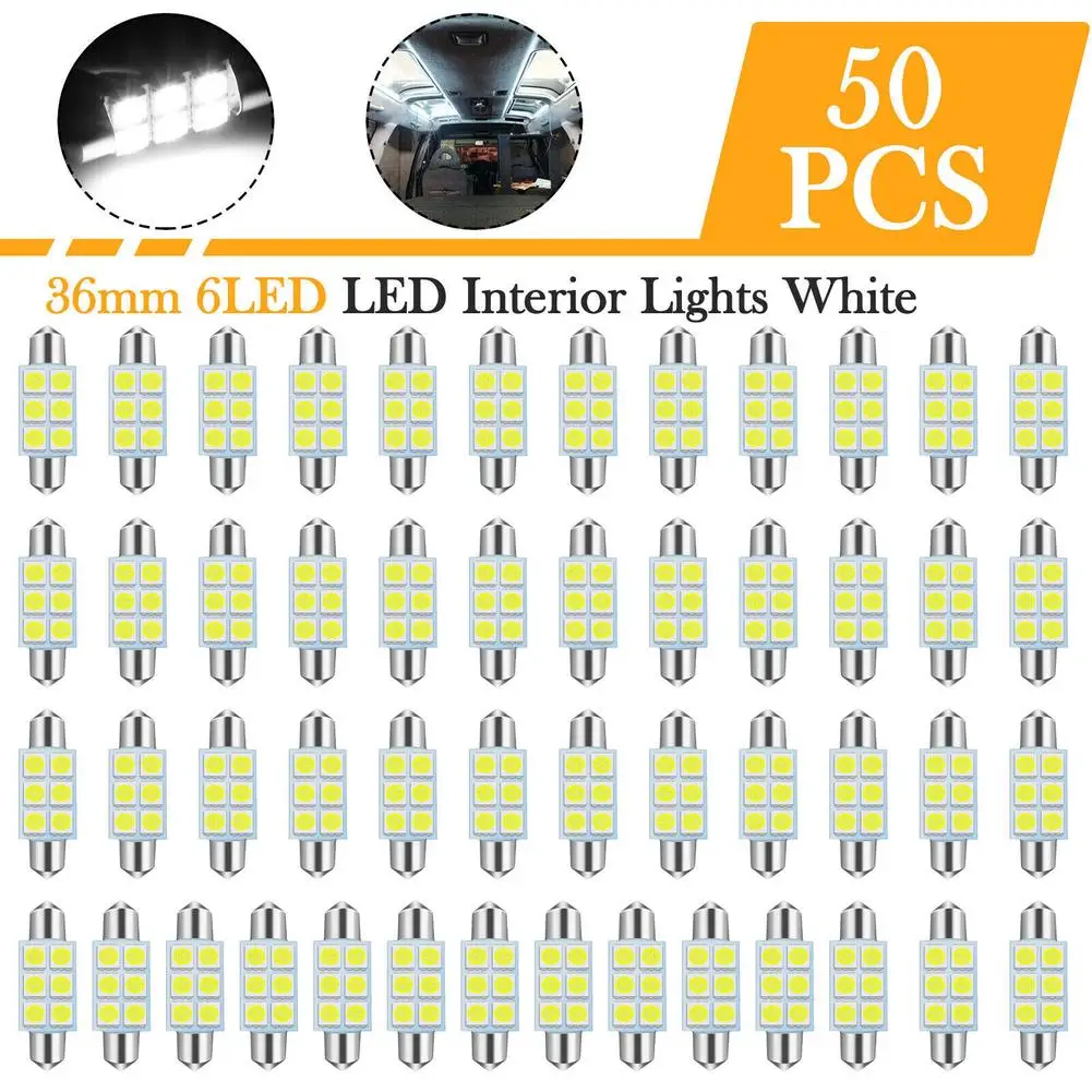 

50pcs 36mm C5w 6 Smd LED Bulb Kit Honeycomb Indoor Dome Map License Plate Light Bulbs 6000k Super Bright