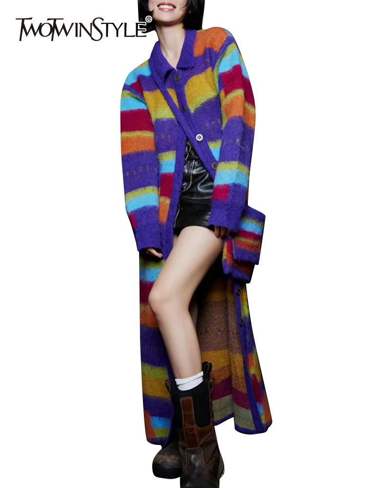 

TWOTWINSTYLE Hit Color Sweaters For Women Lapel Long Sleeve Patchwork Single Breasted Casual Loose Sweatewr Female Autumn 2022