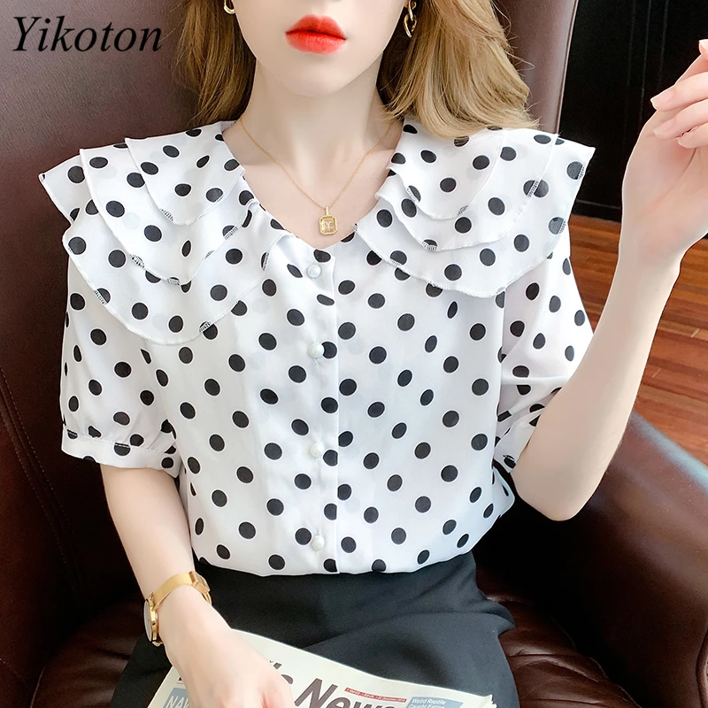 

New Korean Blouse Red Fashion Polka Dot Chiffon Shirt Chic Women's Tops Spring Summer Short Sleeve Top White Dot Shirt Blusas