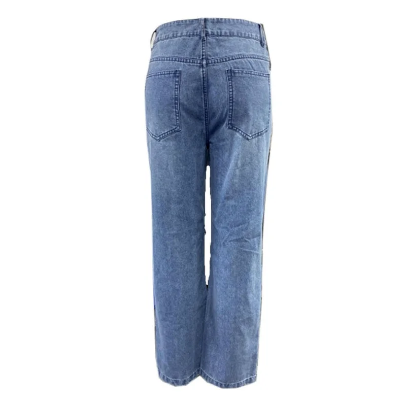 Women High Waist Fashion Stretch Loose Denim Pants 2021 Button High Waist Pocket Elastic Hole Jeans Lady Classic Ripped Trousers