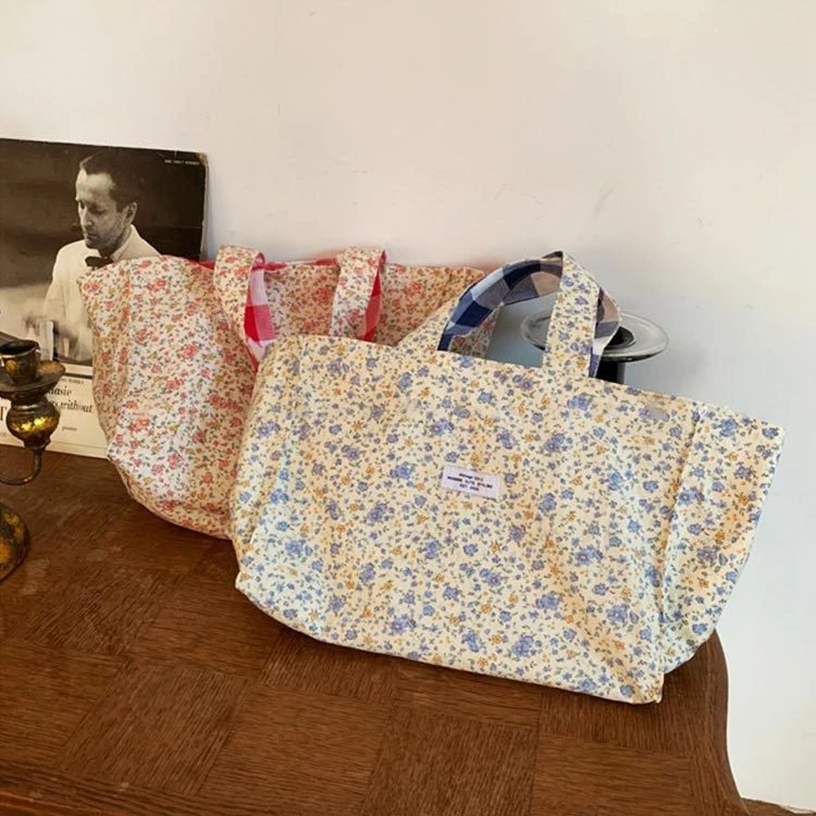 

Mommy Bag Floral Plaid Cotton Shoulder Bag Double-sided Fashion Large-capacity Environmental Protection Handbag Children Adult