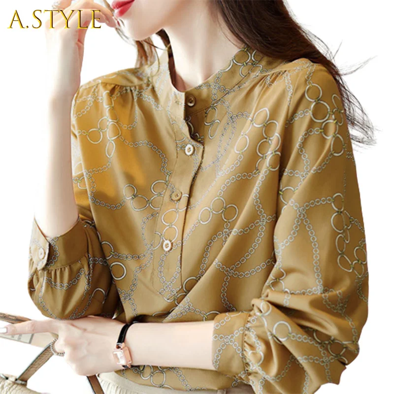 

Summer Korean Elegant Fashion Vintage Chain Printed Chiffon Shirt Women Stand Collar Long Sleeve Casual Blouse Female Loose Tops
