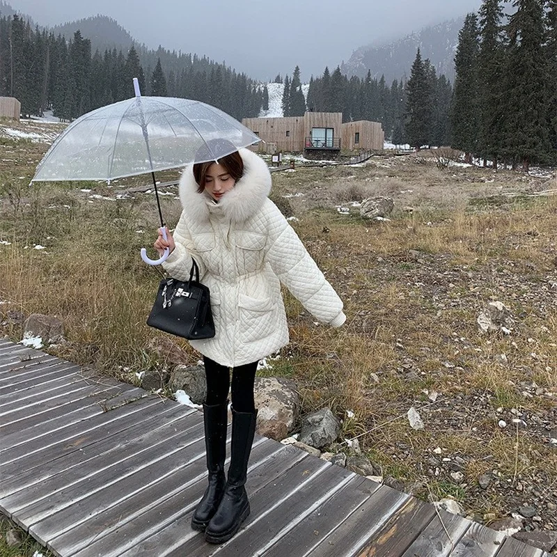 New Winter Real Large Natural Fur Hooded Long Down Jacket Women 90% White Duck Down Coat Loose Thick Warm