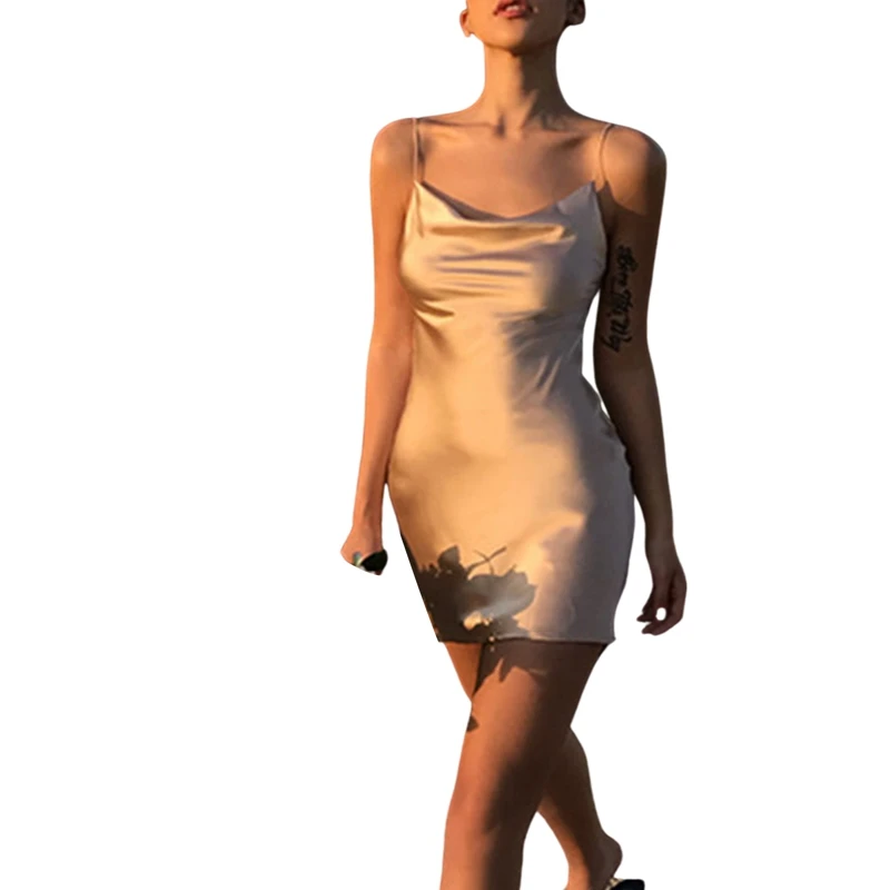 

Women Side Split Backless Mini Dress Sexy Summer Spaghetti Straps Low-Cut Satin Club Beach Dress Sleeveless Bodycon Dress Party