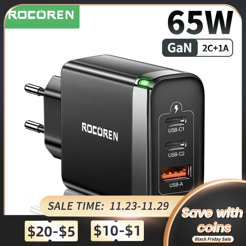 

Rocoren 65W GaN USB Type C Charger Quick Charge QC 4.0 PD 3.0 QC4.0 USBC Fast Charging USB Charger For iPhone 14 13 Pro MacBook