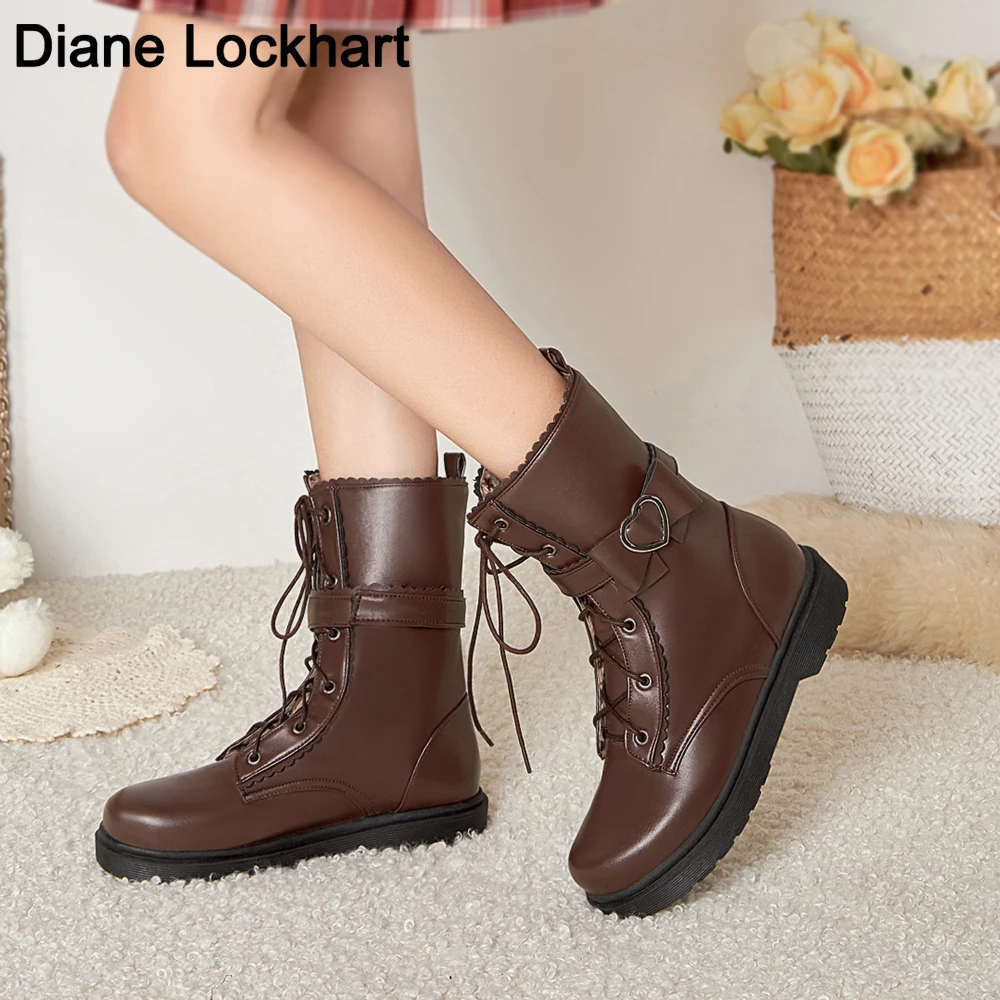 

New Platform Ankle Boots Round Toe Flat Heel Shoes Women Lace Up Winter Autumn Shoes Girl Daily Short Boots Ladies Footwear 42