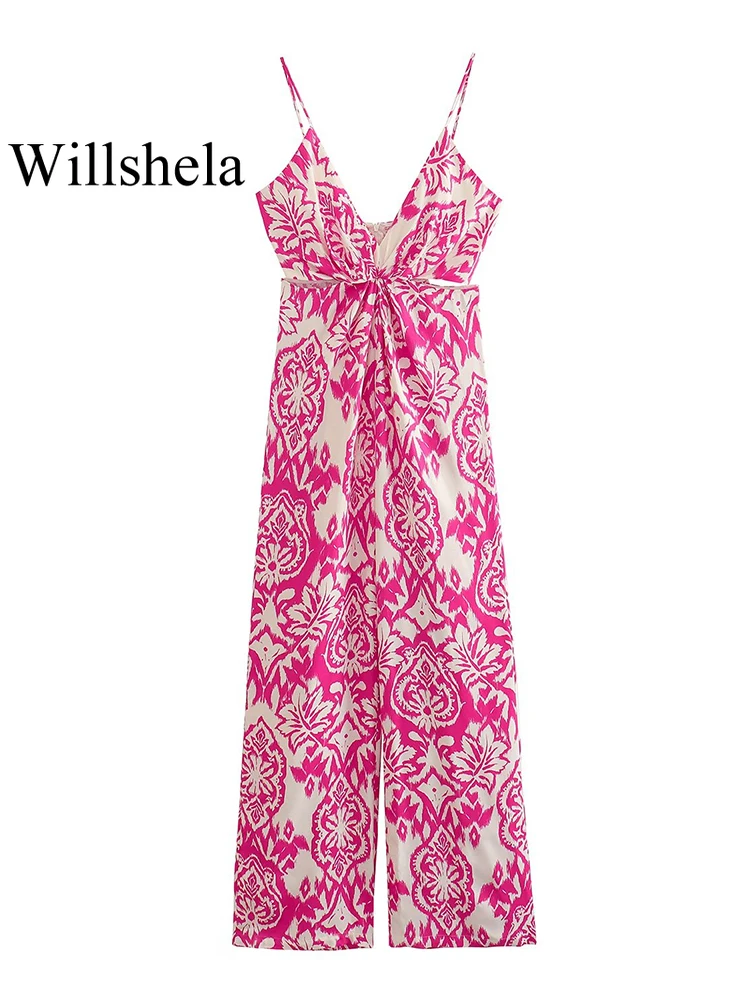 

Willshela Women Fashion Printed Hollow Out Backless Zipper Jumpsuits Vintage Thin Straps V-Neck Female Chic Lady Rompers
