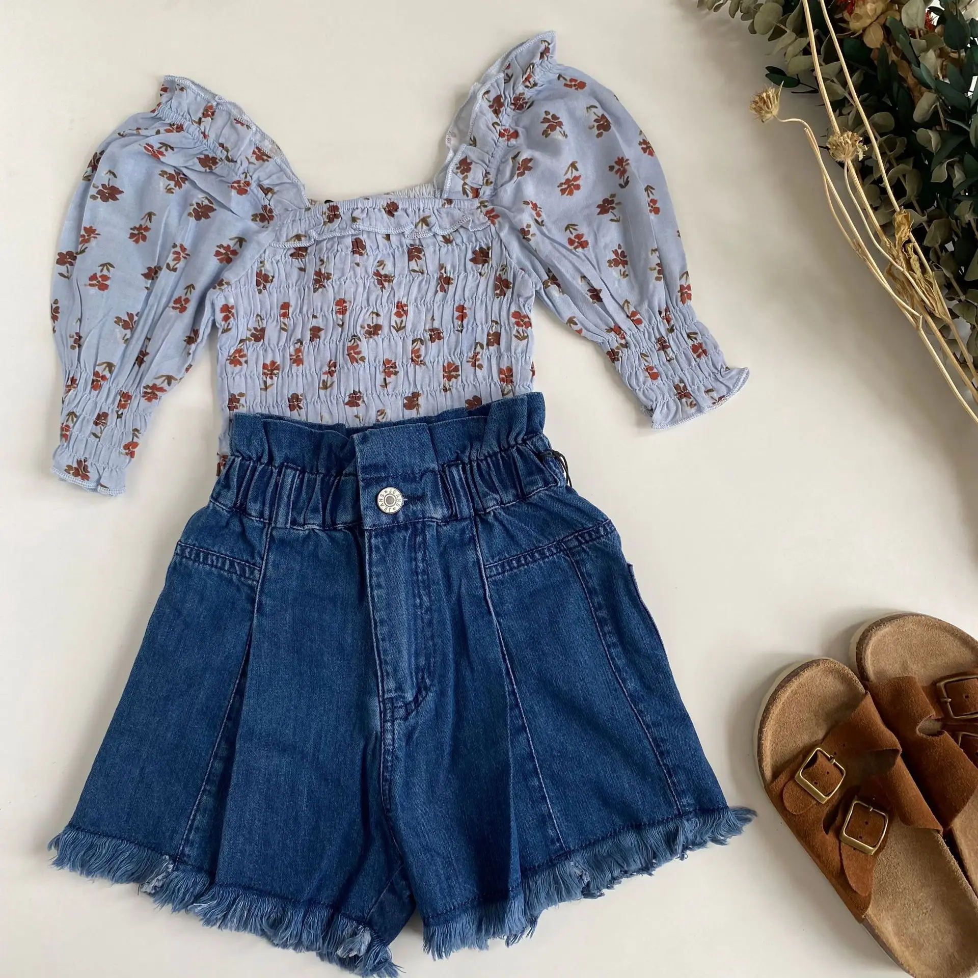 

Jenny&Dave 2022 Spring/Summer New Simple Temperament Soft Tencel Cotton Denim Shorts+Tie Up Top Girl