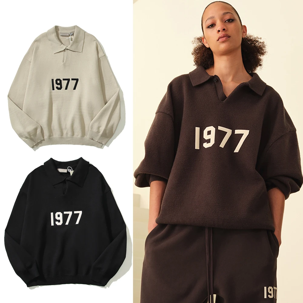 

ESSENTIALS Sweater Men's Women's 1977 Flocking Number Embroidery Oversized Fashion Hip-hop Hight Street Casual Pullover Knitting