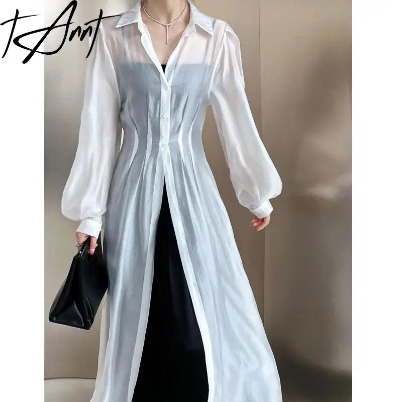 

Tannt Women Shirt Lantern Sleeve Perspective Long Blouse Tops V-neck Black White Long Sleeves Fashion Long Casual Shirts 2023