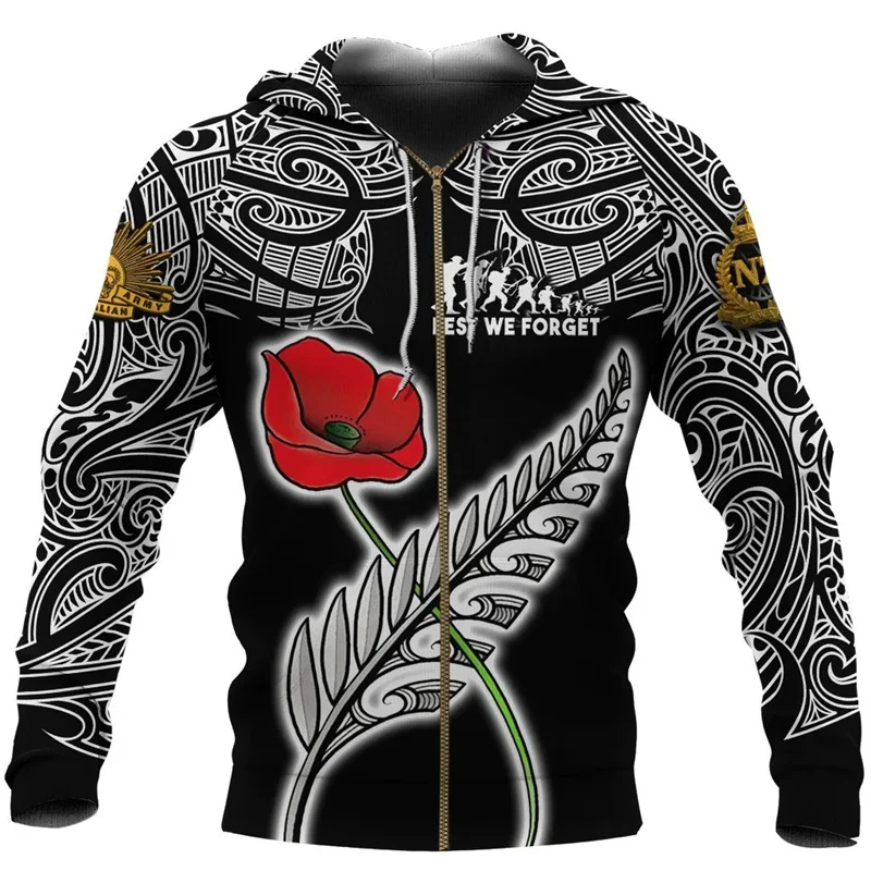 Новая Зеландия Maori красный папоротник молния 3d печать Толстовка для мужчин Y2k