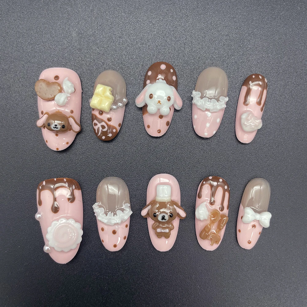 Фото Накладные ногти Kawaii с дизайном кролика, медведя, шоколадного крема, короткие, круглые, милые, розовые, в стиле сладкого печенья, 3D, с мультяшными куклами №3
