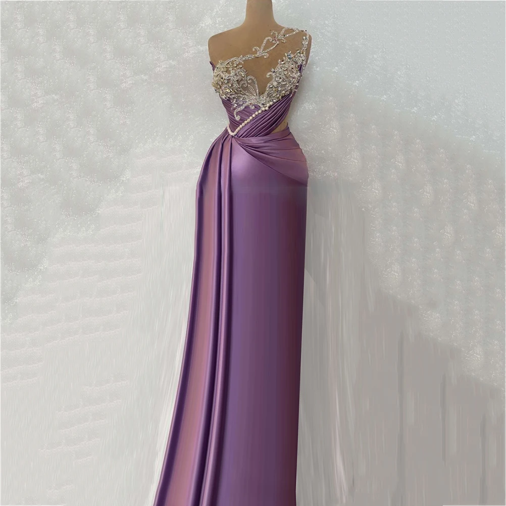 

591 Fashion New In Purple One-Shoulder Sheath Beads Brithday Formal Evening Dress/Bridal Engagement Prom Gowns Free Shipping