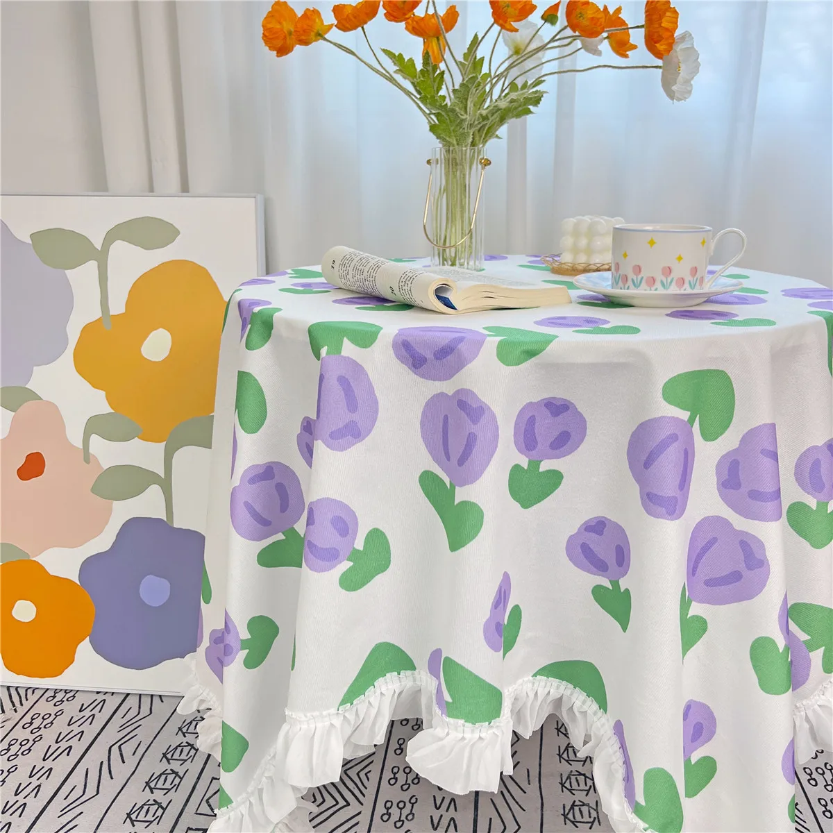 

Pastoral style tablecloth with ruffle edge technology, flannel tablecloth cover