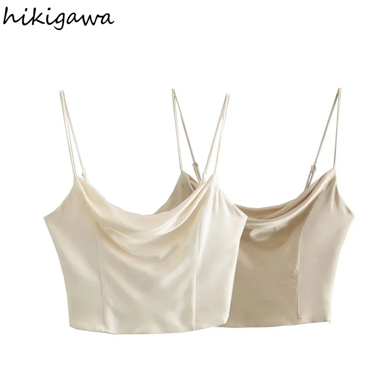 

Hikigawa Women Fashion Sexy Solid Stain Texture Crop Tops Vintage Y2k Spaghetti Strap Tank Top Side Zipper Female Camis Mujer
