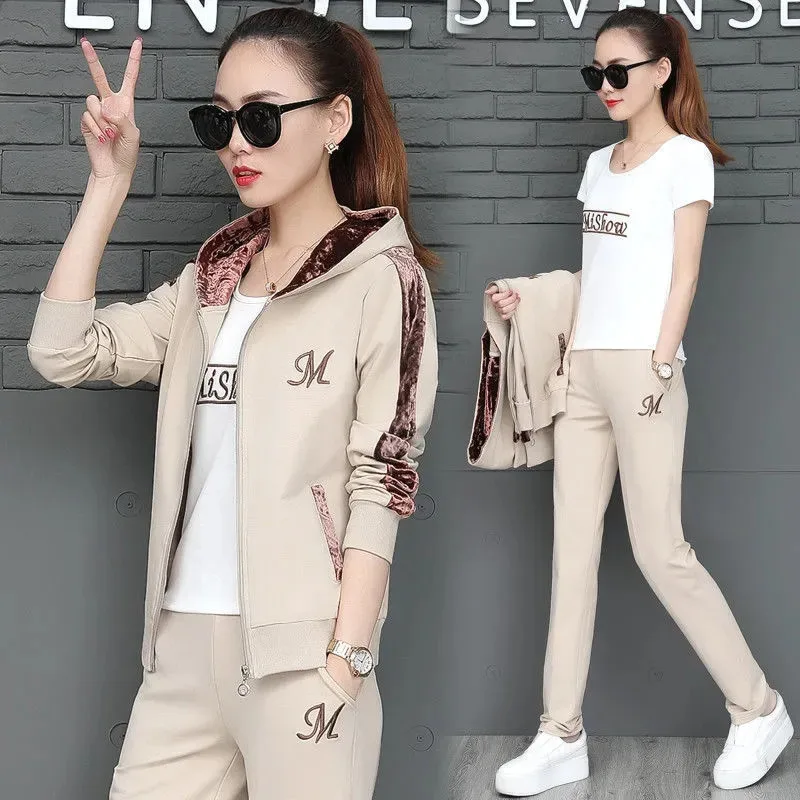 Casual Tracksuit Three Piece Set Women Streetwear Fashion Loose Jacket + T-Shirt + Pant Suit Plus Size S-4Xl Jogging Sweatsuit