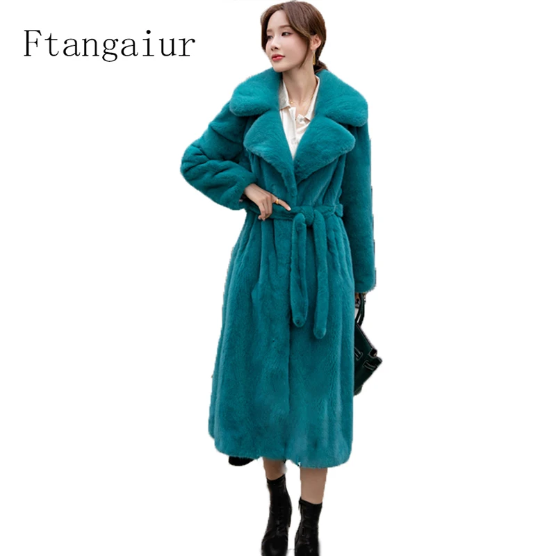 

Ftangaiur New Women Import Velvet Mink Fur Coat Turn-Down Collar With Sashes Mink Coats Winter X-Long Real Mink Fur Coats