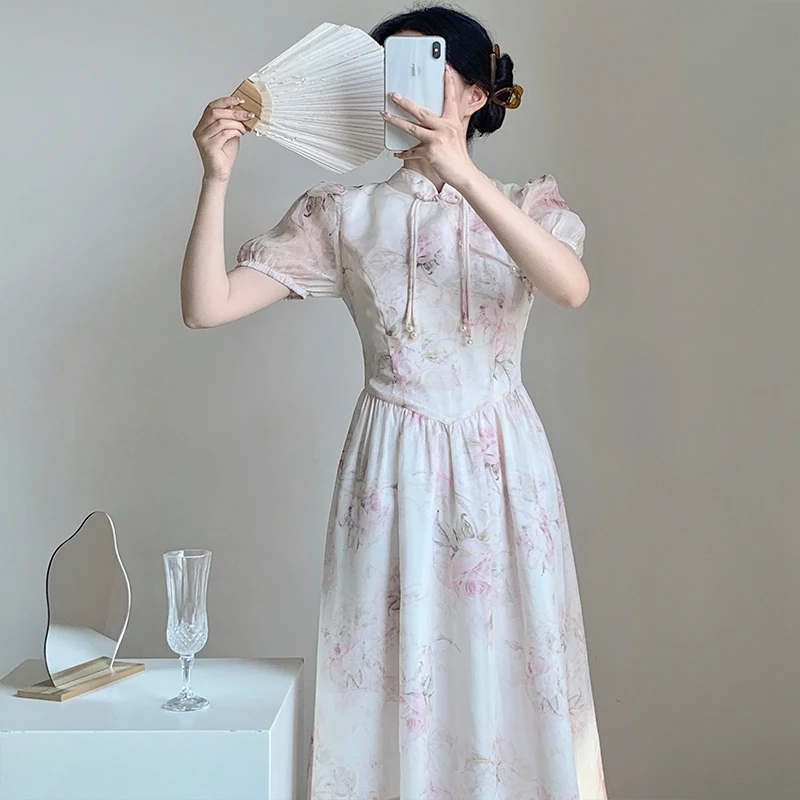 Женское винтажное платье с коротким рукавом и цветочным принтом