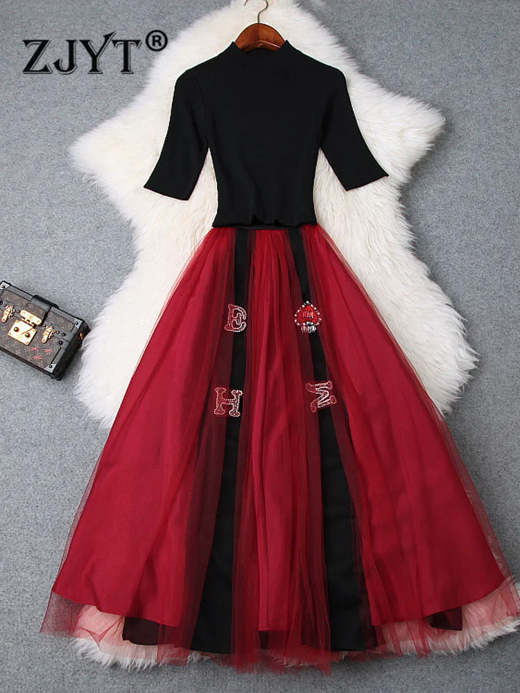 

ZJYT Elegant Pullover Knitted Top and Mesh Skirt Set Designer Summer Womens Outfits Fashion Party Two Piece Dress Suits Female