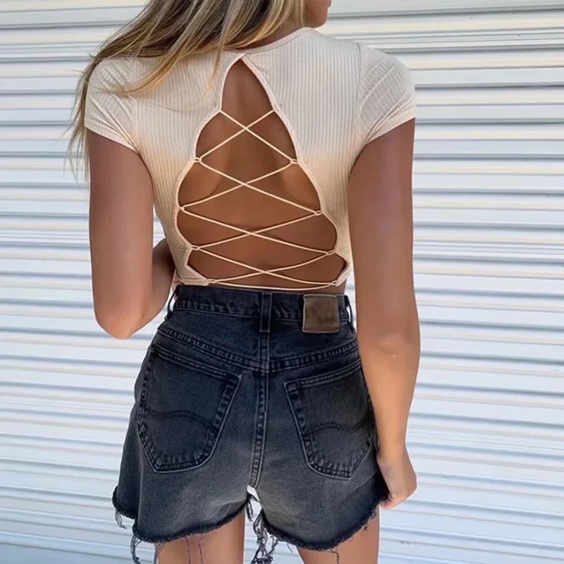 Женский укороченный топ со шнуровкой сзади с коротким рукавом кроп-топ в рубчик