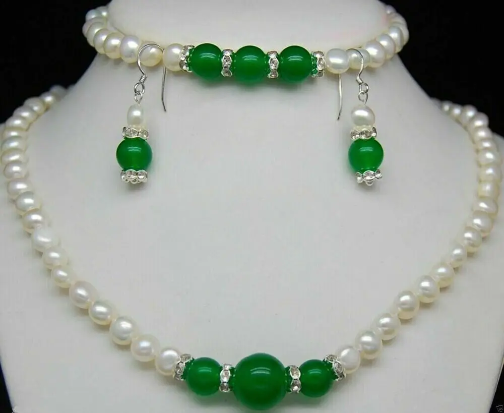 

7-8mm Natural White Pearl & Green Jade Necklace 20"+ Bracelet 7.5"+ Earrings Set