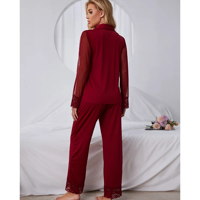 Women's Pajamas Net Yarn Lace Stitching Sleepwear Solid Color Long-sleeved Trouser Suit Comfortable Loose Home Clothes
