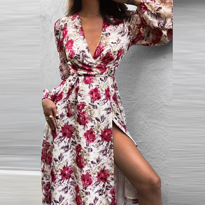 

Женское праздничное платье с длинным рукавом-фонариком, привлекательное пляжное платье в стиле ретро с глубоким V-образным вырезом и цветочным принтом, весна-лето 2022
