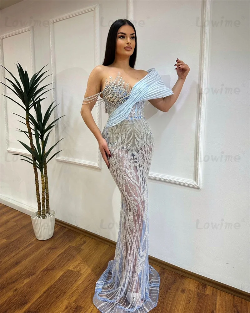 Вечернее платье с блестящими кристаллами и открытыми плечами Русалка вечерние
