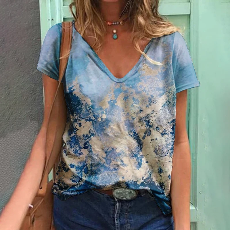 

Джинсовая футболка Fritz женская с V-образным вырезом, модный топ с коротким рукавом и 3D принтом, винтажная Повседневная Уличная одежда в стиле Харадзюку, лето 2023