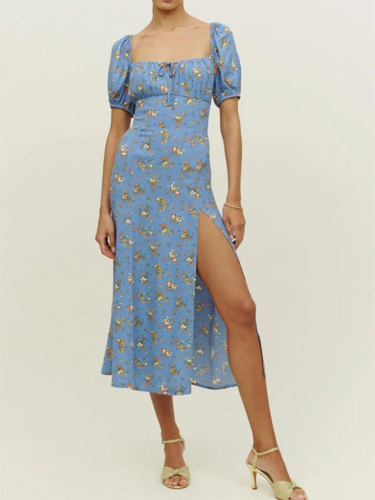 

Женское платье средней длины, голубое платье из вискозы с цветочным принтом, разрезом и кулиской, с квадратным вырезом, лето 100%