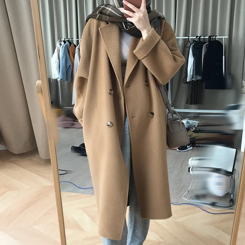 Korean Women Winter Long Wool Coat Jacket Female Woolen Overcoat Long Sleeve Double Breasted Outerwear Coats Jackets 2022