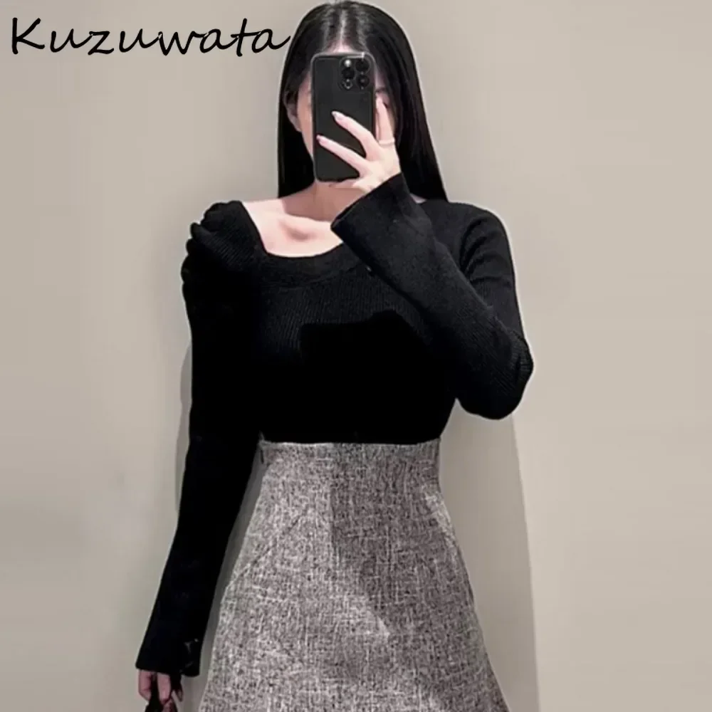Kuzuwata повседневный тонкий укороченный топ с косым воротником и пышными рукавами
