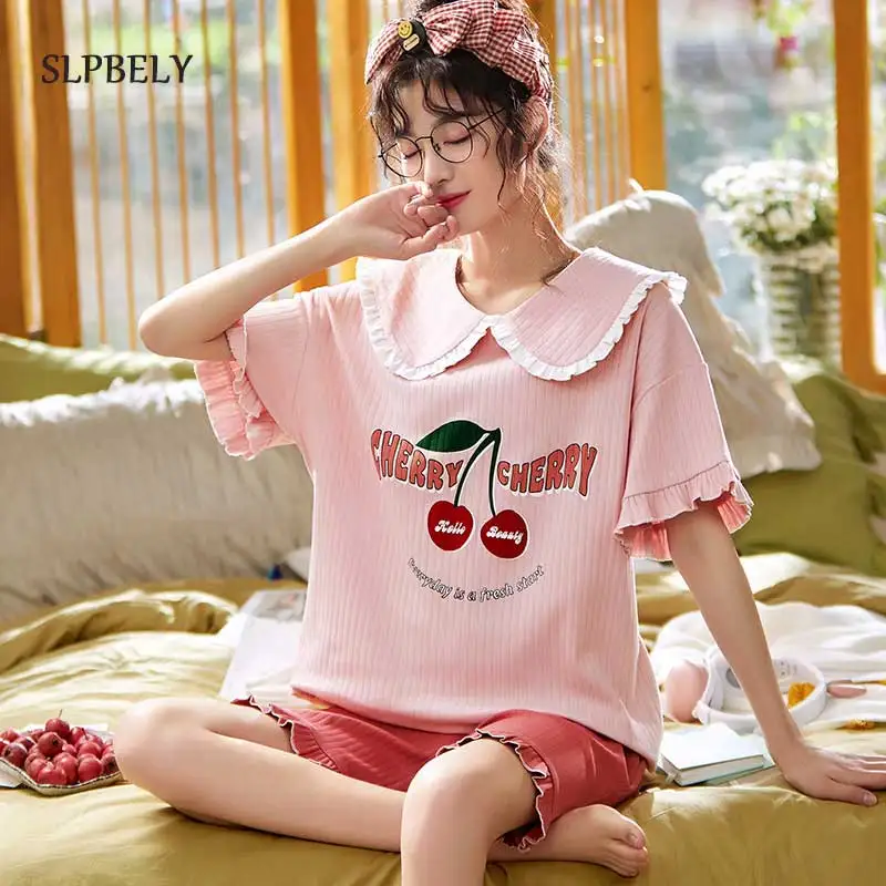 

Летний женский пижамный комплект SLPBELY, ночная рубашка с коротким рукавом и мультяшным принтом вишни, одежда для сна, милая Домашняя одежда, н...