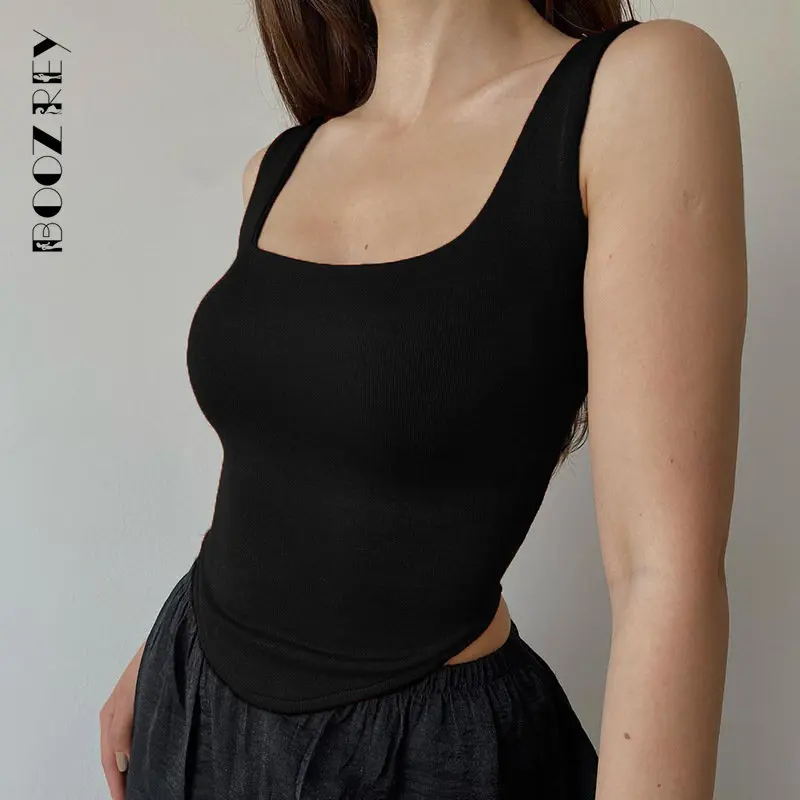 

BoozRey 2023 Casual Basic Green Fitness Summer Tank Top for Women Square Neck Solid Slim Vest Short Sporty Chic Korean Crop Tops