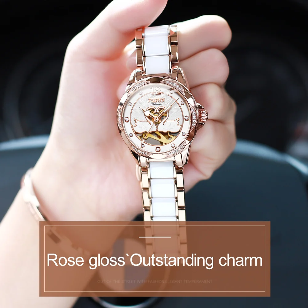 TAXAU Brand JSDUN Mechanical Watch for Women Stainless Steel Ceramics Strap Elegant Ladies Wristwatch Sapphire Femme Watches
