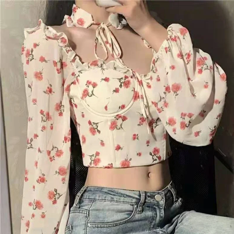 

2021 Spring Sweet Floral Print Folds Ears Short Chiffon Women's Clothes Slash Neck Puff Sleeve Tops Elegant New T-shirts Gothic