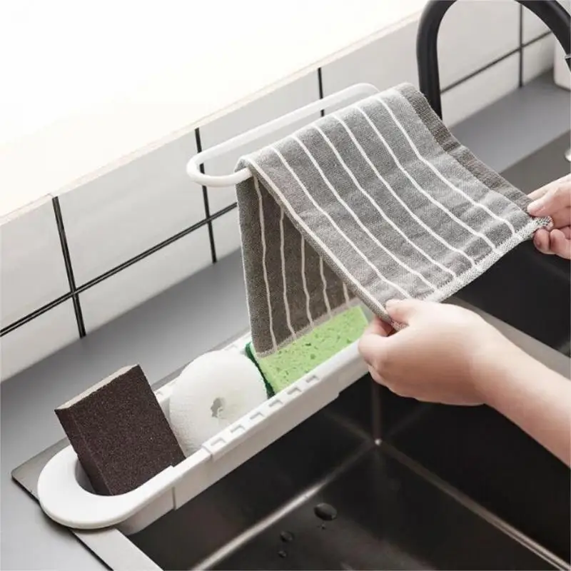 

Telescopic Sink Shelf Drainer Rack, Kitchen Organizer, Soap Sponge Holder, Towel Storage Basket, Gadgets Accessories
