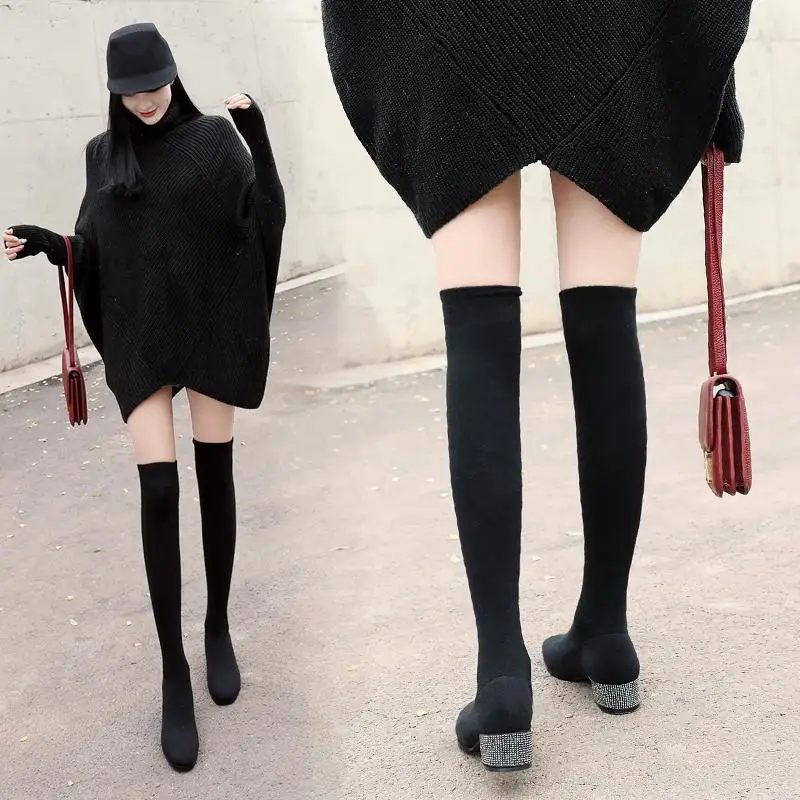Сапоги выше колена сапоги на толстом каблуке Осенние эластичные высокие женские