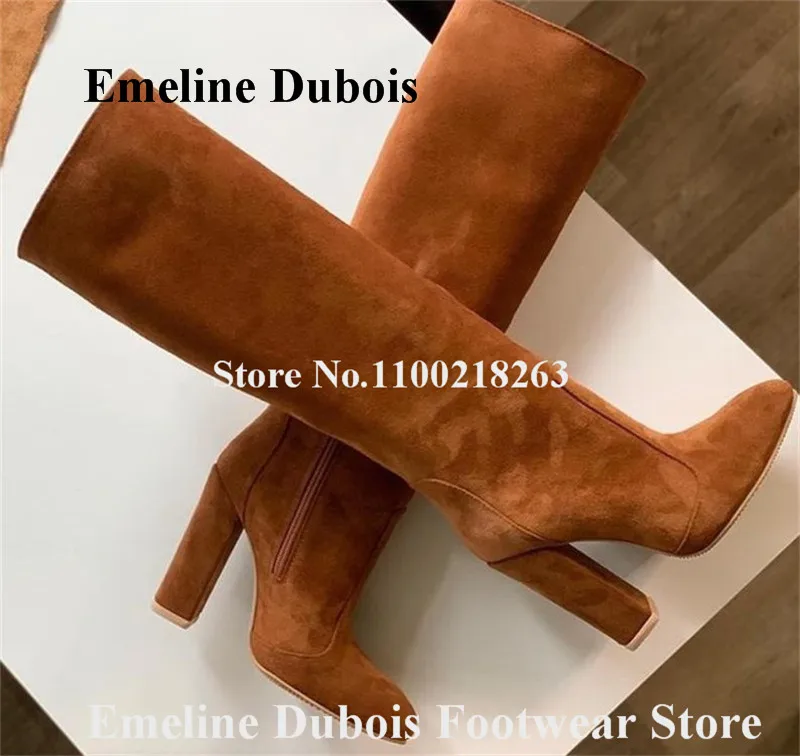 Женские замшевые сапоги на массивном каблуке коричневые Элегантные