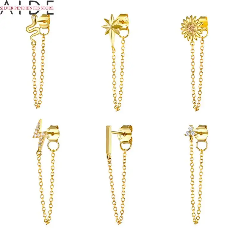 

AIDE 1PCS 925 Sterling Silver Chain Tassle Stud Earrings For Women Snake Snowflake Lightning Earrings Pendientes Plata Jewelry