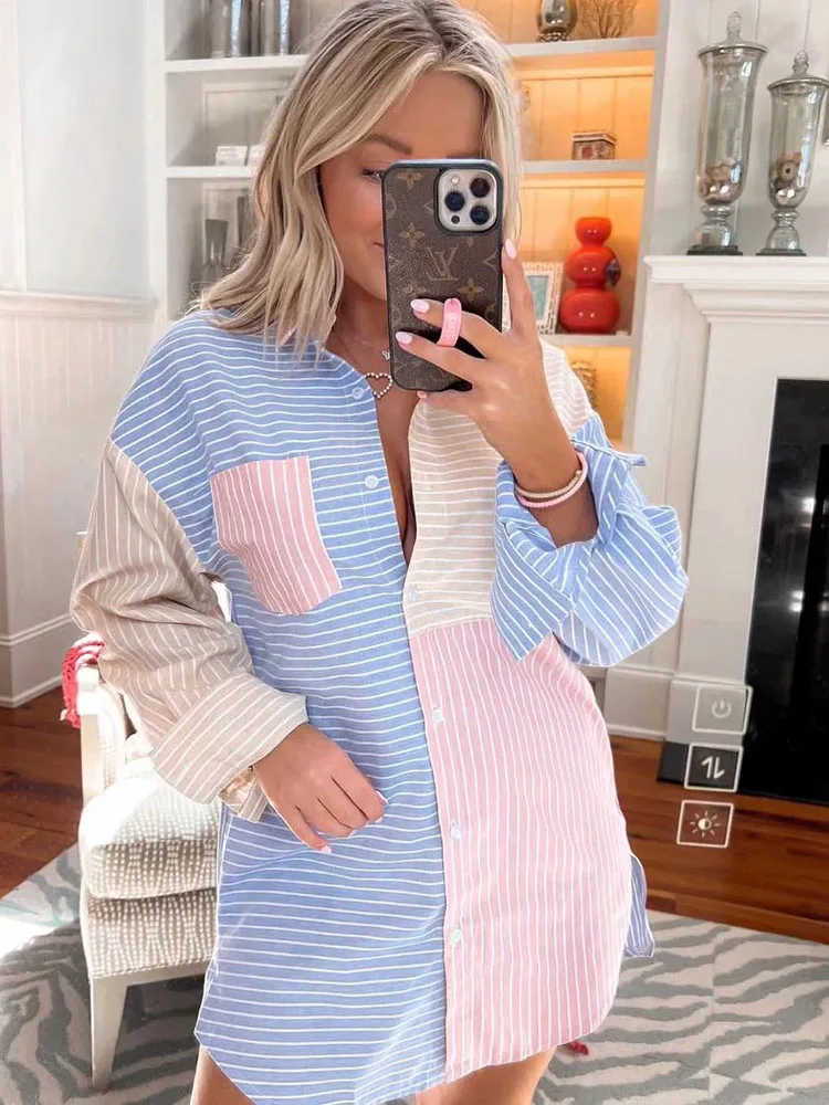 

YLJHQX 2022 Women New Long Striped Contrast Color Shirt Casual Long Sleeve Single Breasted Front Patch Pocket Chic Female Top