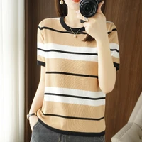 cotton striped short sleeved knitted t shirt women o neck pullover loose fashion womens clothing 22 summer new ladies knit tops