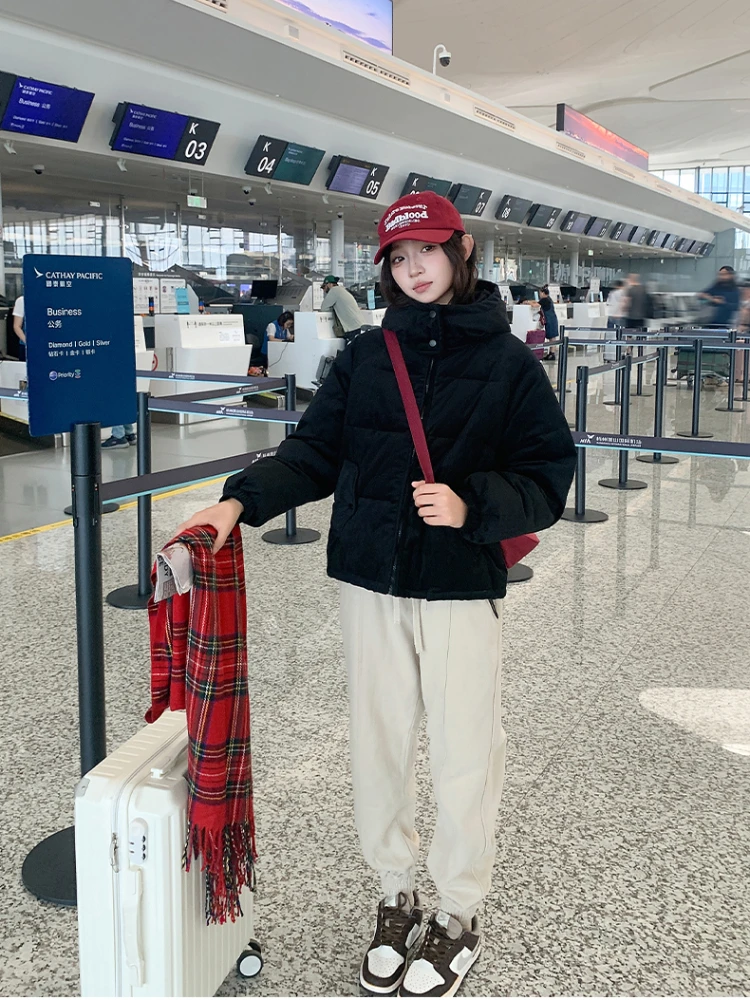 Женская уличная вельветовая куртка-пуховик осенне-зимняя короткая хлопковая