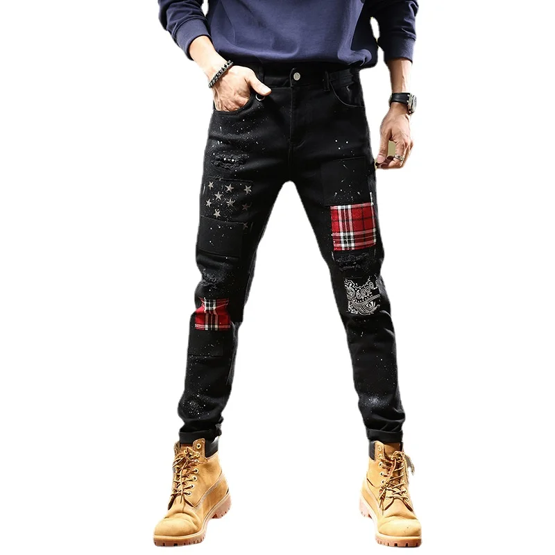 

Men Jeans Ripped Patchwork Denim Pants Slim Fit Black Stretch Embroidery Streetwear Hip Hop Painted Designer Hombre Trousers