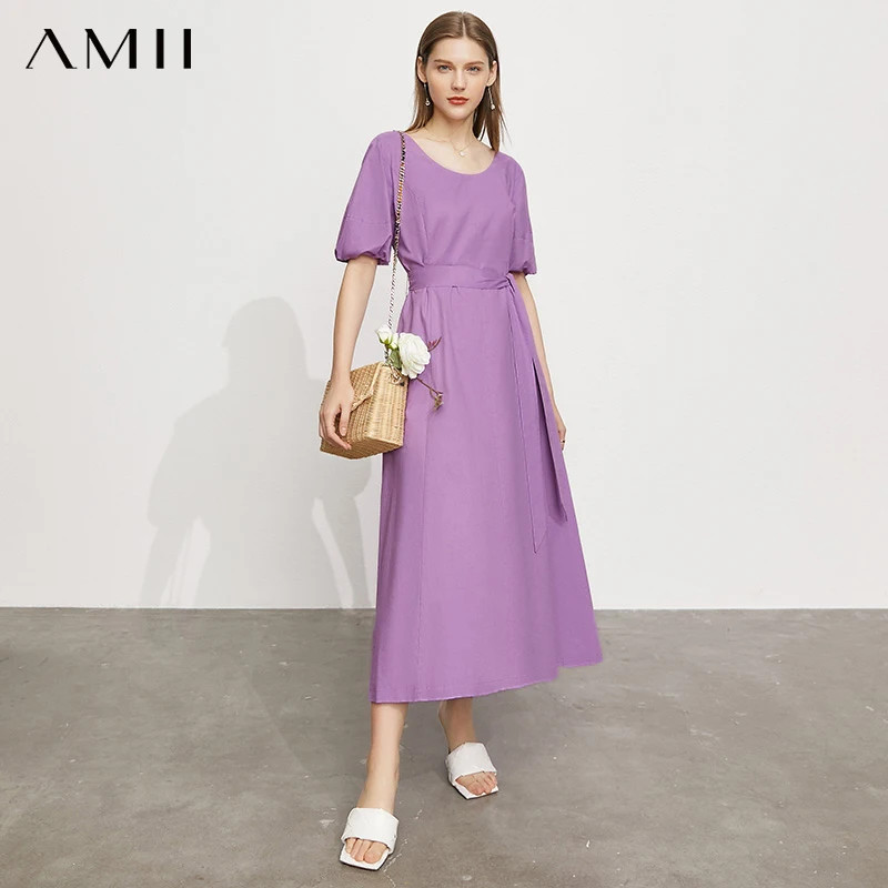 

Amii Minimalism Summer Women's Dresses Office Lady Oneck Puff Sleeve Maxi Dresses For Women Casual Bandage Long Dress 12170135