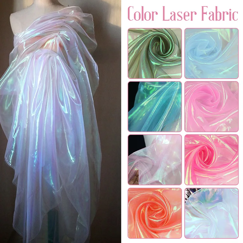 

150x100cm Fluorescent Bright Silk Yarn Fabric Colorful Shiny Gauze Transparent Cloth Stage Wedding Decor Voile Dress Material