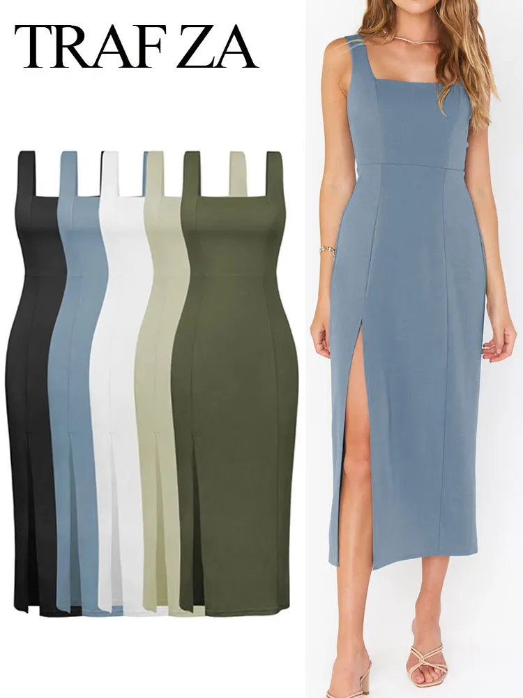 

TRAFZA Summer Casual Halter Neck Bodycon Mermaid for Evening Party 2023 Women's Split Elegant Cocktail Long Dress