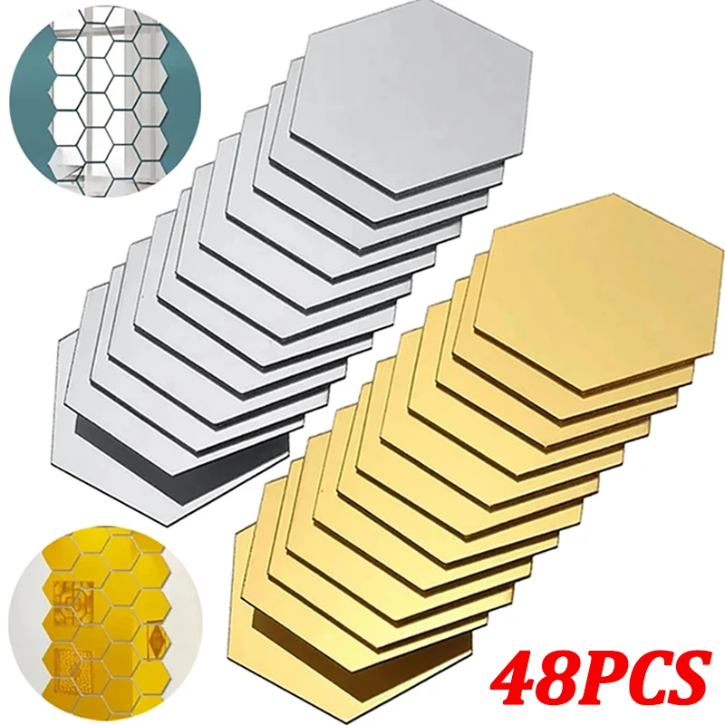 

48Pcs Hexagon Mirror Wall Stickers Acrylic Self Adhesive Gold Silver Mosaic Tiles Decals DIY Bedroom Bathroom Home Decor Sticker