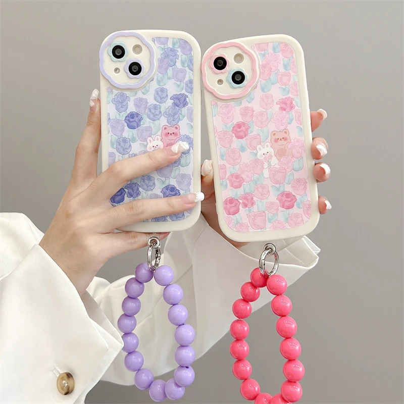Корейский милый мультяшный розовый чехол с цветами медведем кольцом браслетом