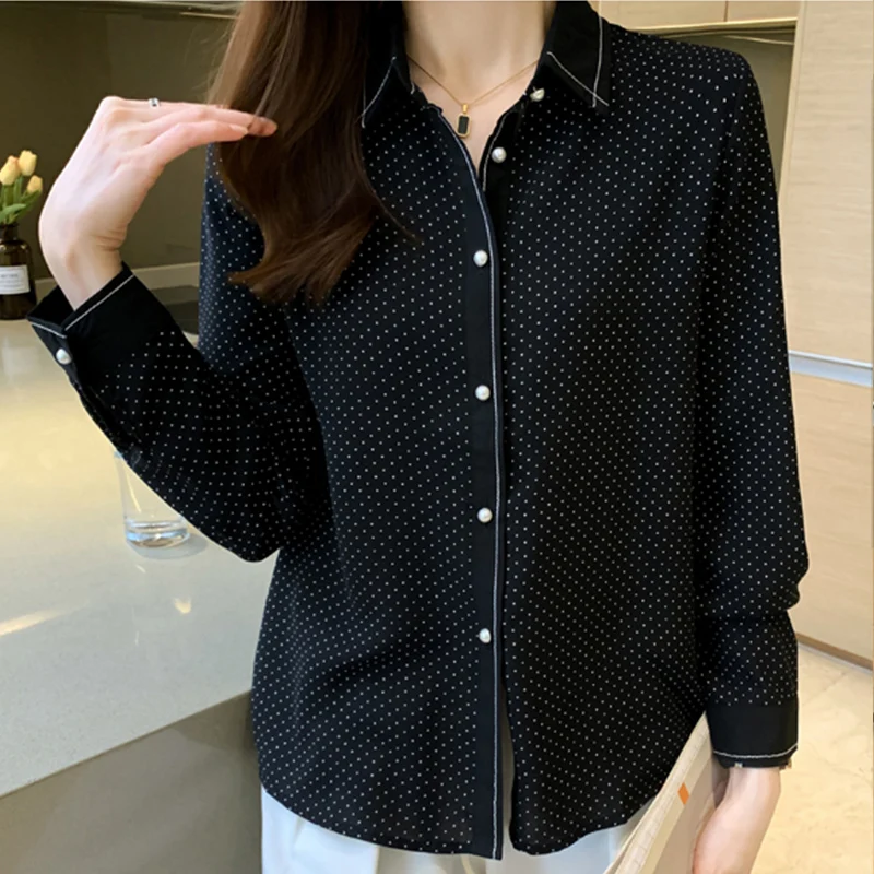 

Sandro Rivers Spring New Blouses Slim-Fit Lapel Small Polka Dot Chiffon Long-Sleeved Shirt Women's Light Ripe Temperament Top